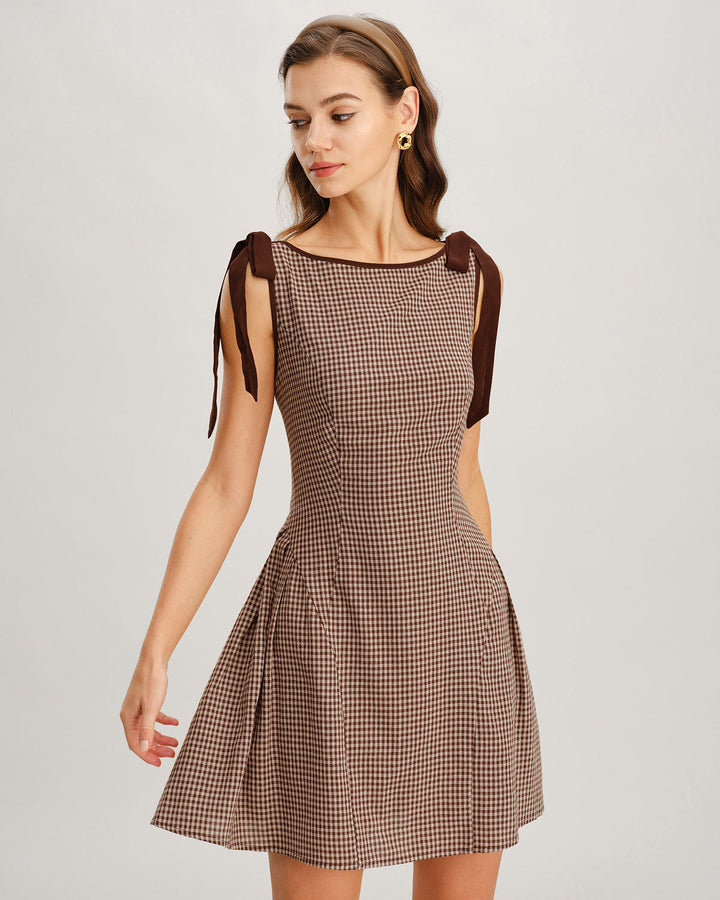 Yüksek Bel Kahverengi Gingham Mini Elbise