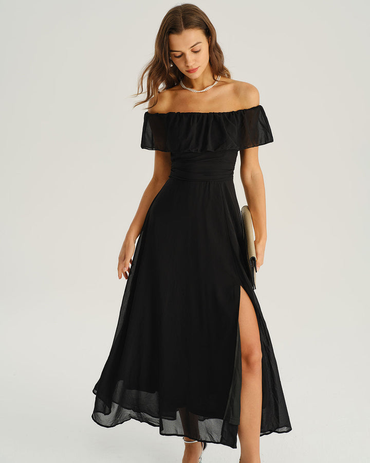 Modern Siyah Off The Shoulder A-Line Maxi Elbise