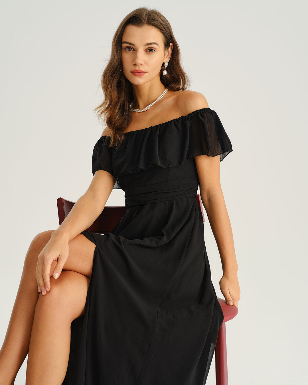 Modern Siyah Off The Shoulder A-Line Maxi Elbise
