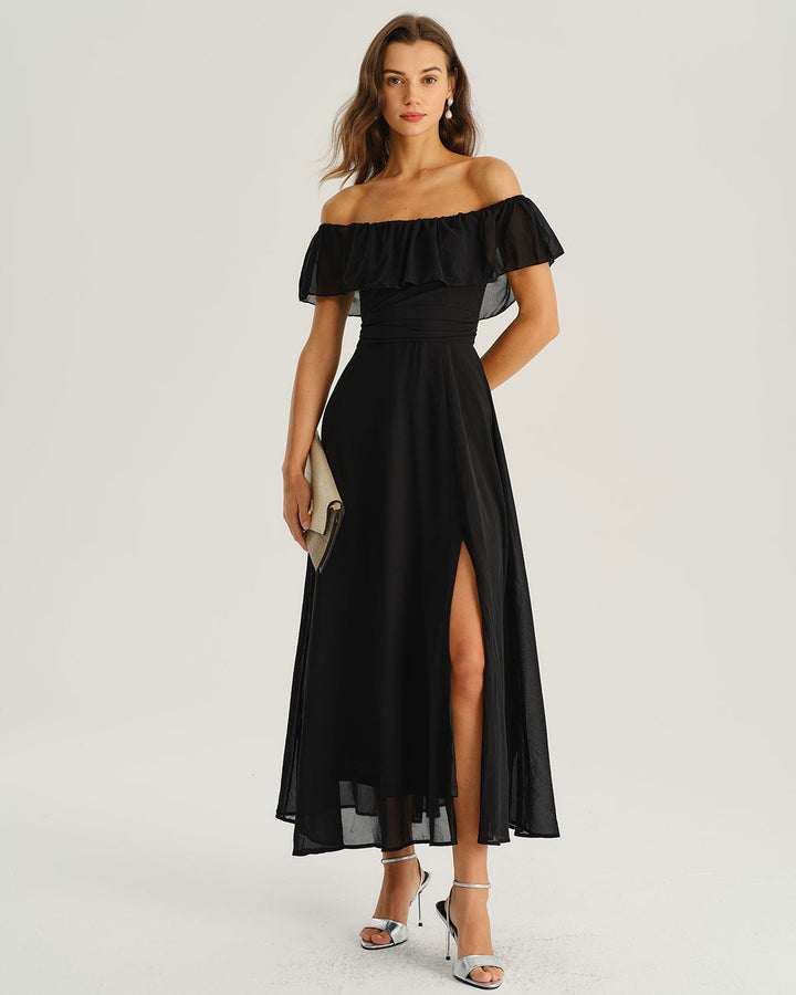 Modern Siyah Off The Shoulder A-Line Maxi Elbise