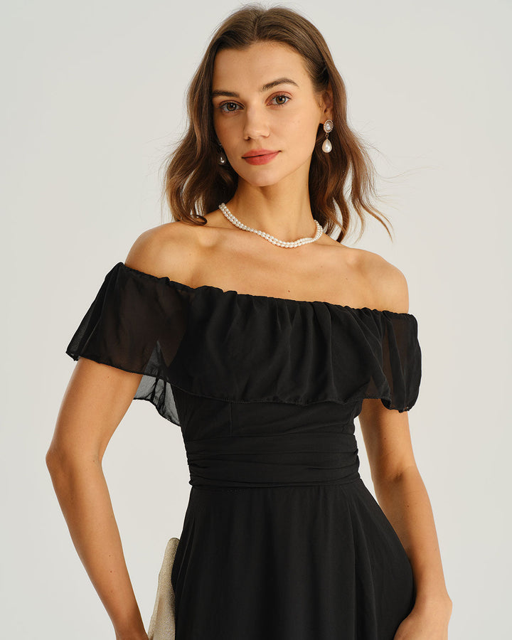 Modern Siyah Off The Shoulder A-Line Maxi Elbise