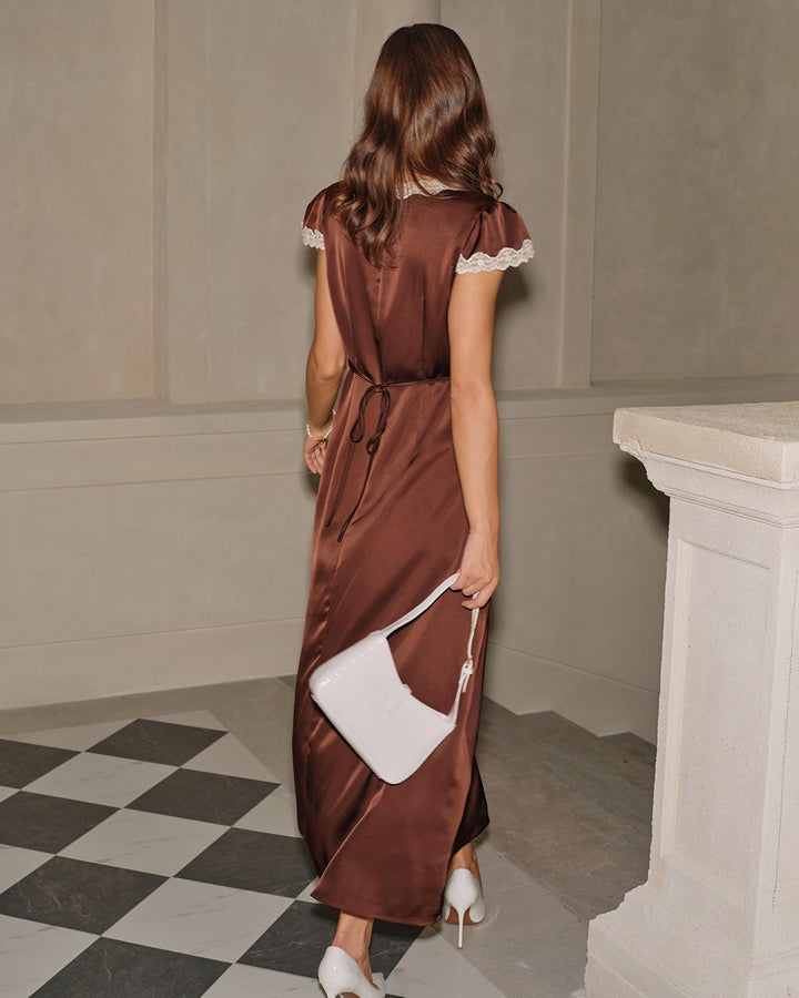 Brown Satin V Yaka Dantel Maxi Elbise