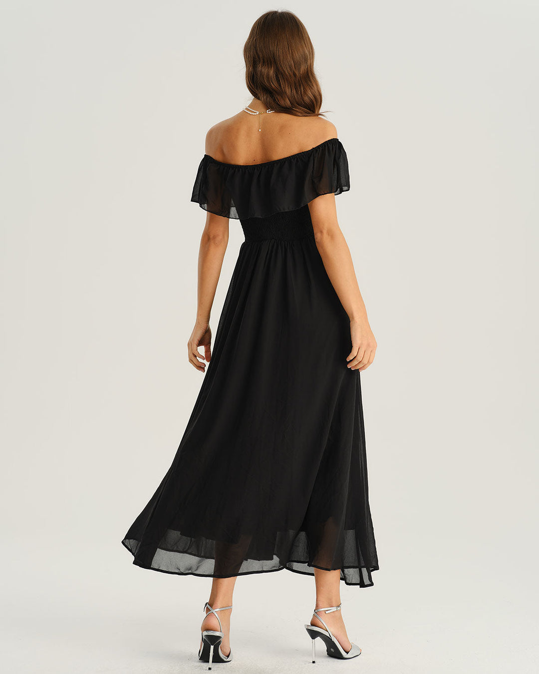 Modern Siyah Off The Shoulder A-Line Maxi Elbise