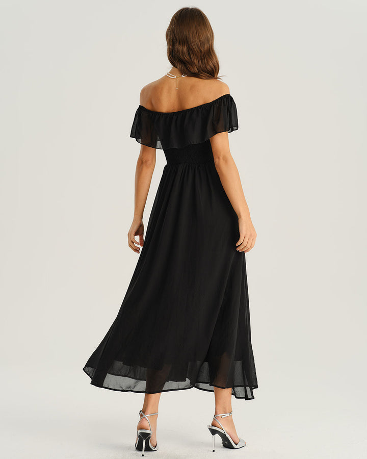 Modern Siyah Off The Shoulder A-Line Maxi Elbise