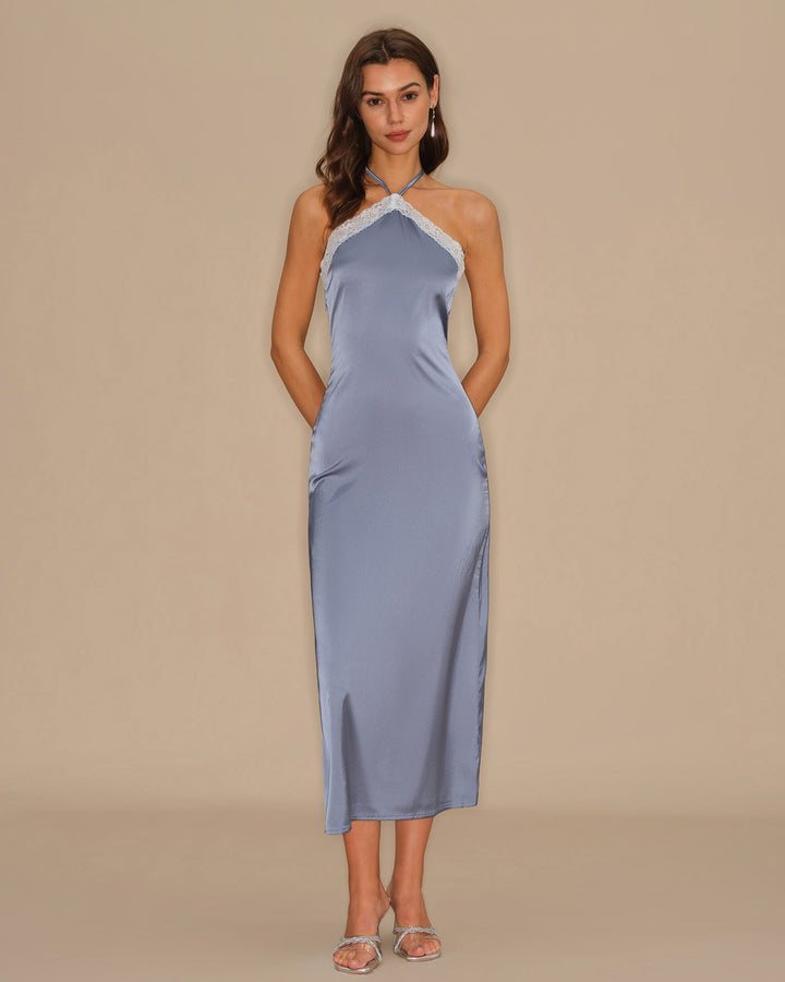 Modern Mavi Halter Askılı Midi Elbise