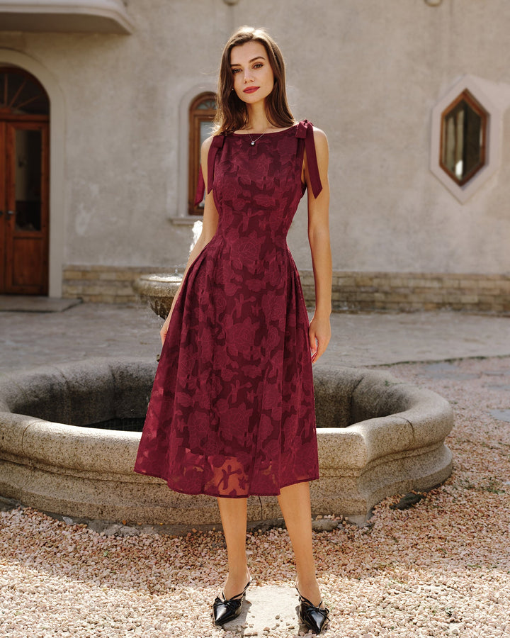 Yüksek Bel Kırmızı Jakarlı Şifon Midi Elbise