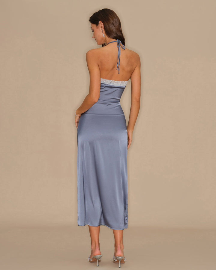 Modern Mavi Halter Askılı Midi Elbise