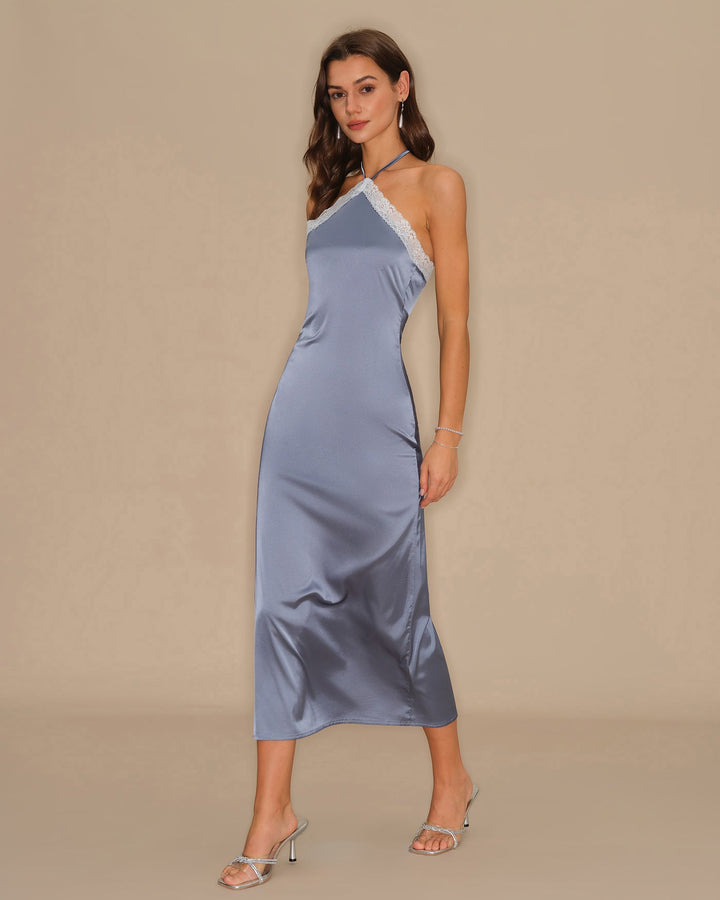 Modern Mavi Halter Askılı Midi Elbise