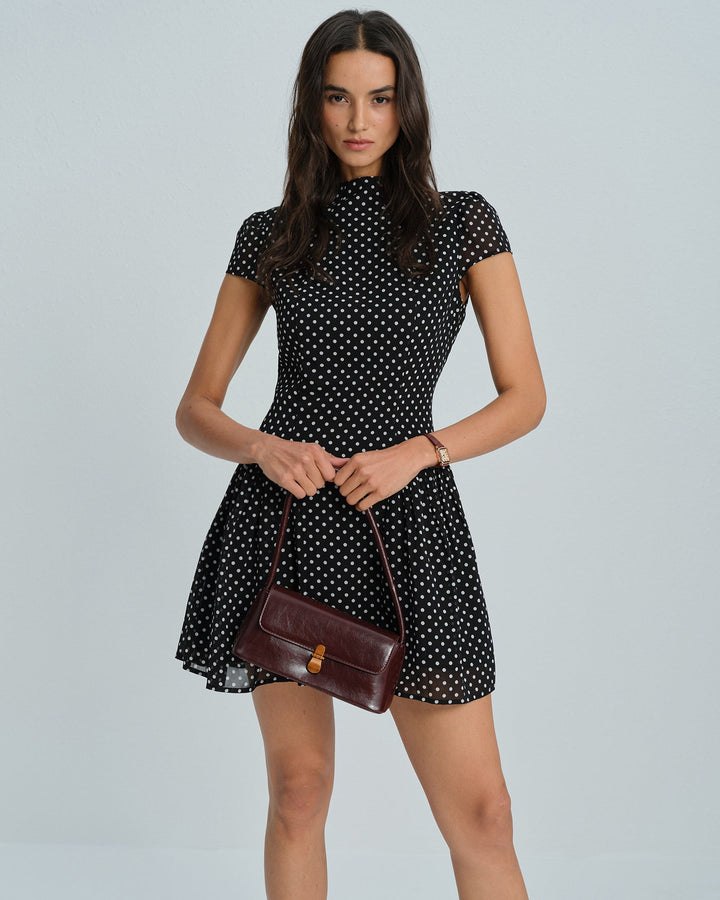 Şık Siyah Puantiye Chiffon Mini Elbise