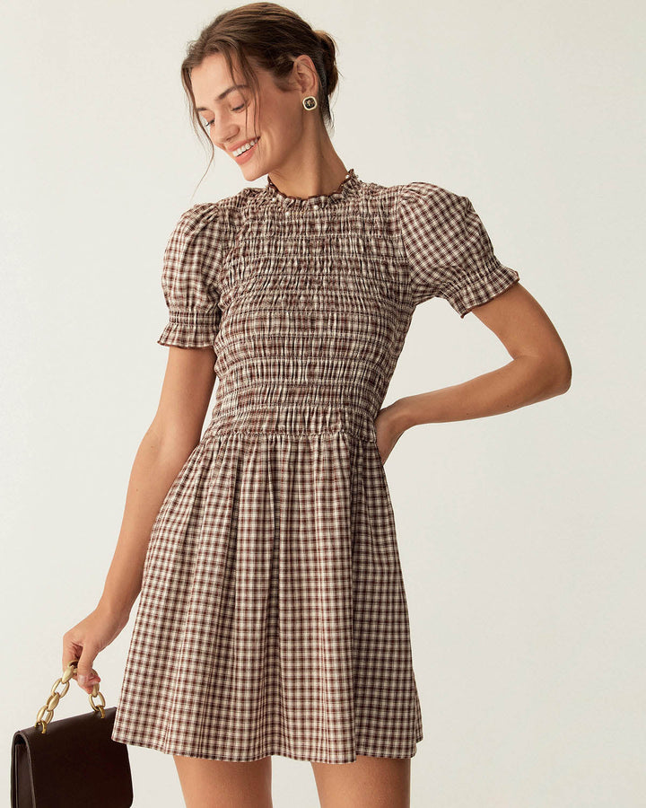Yüksek Bel Kahverengi Gingham Puff Sleeve Mini Elbise