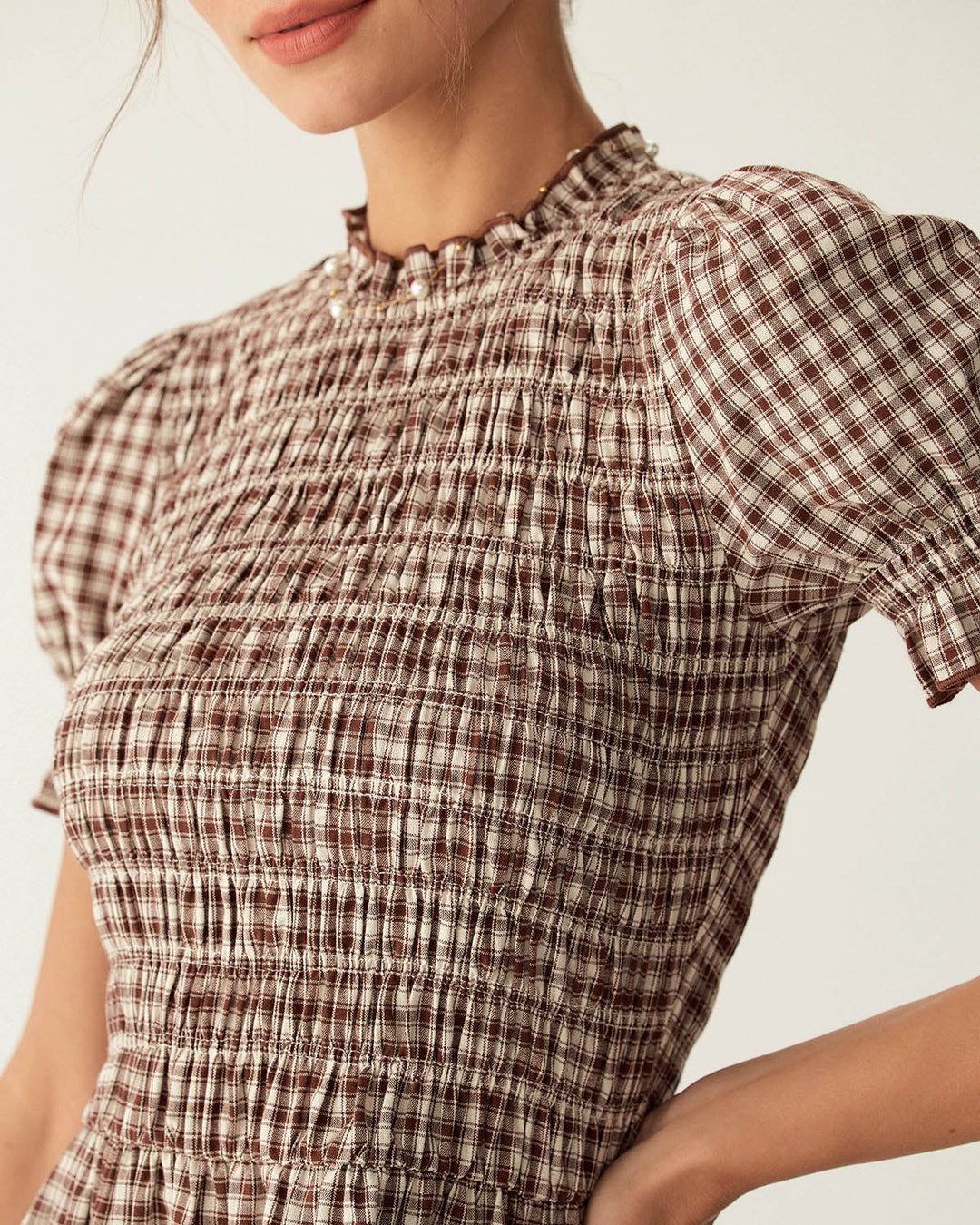 Yüksek Bel Kahverengi Gingham Puff Sleeve Mini Elbise