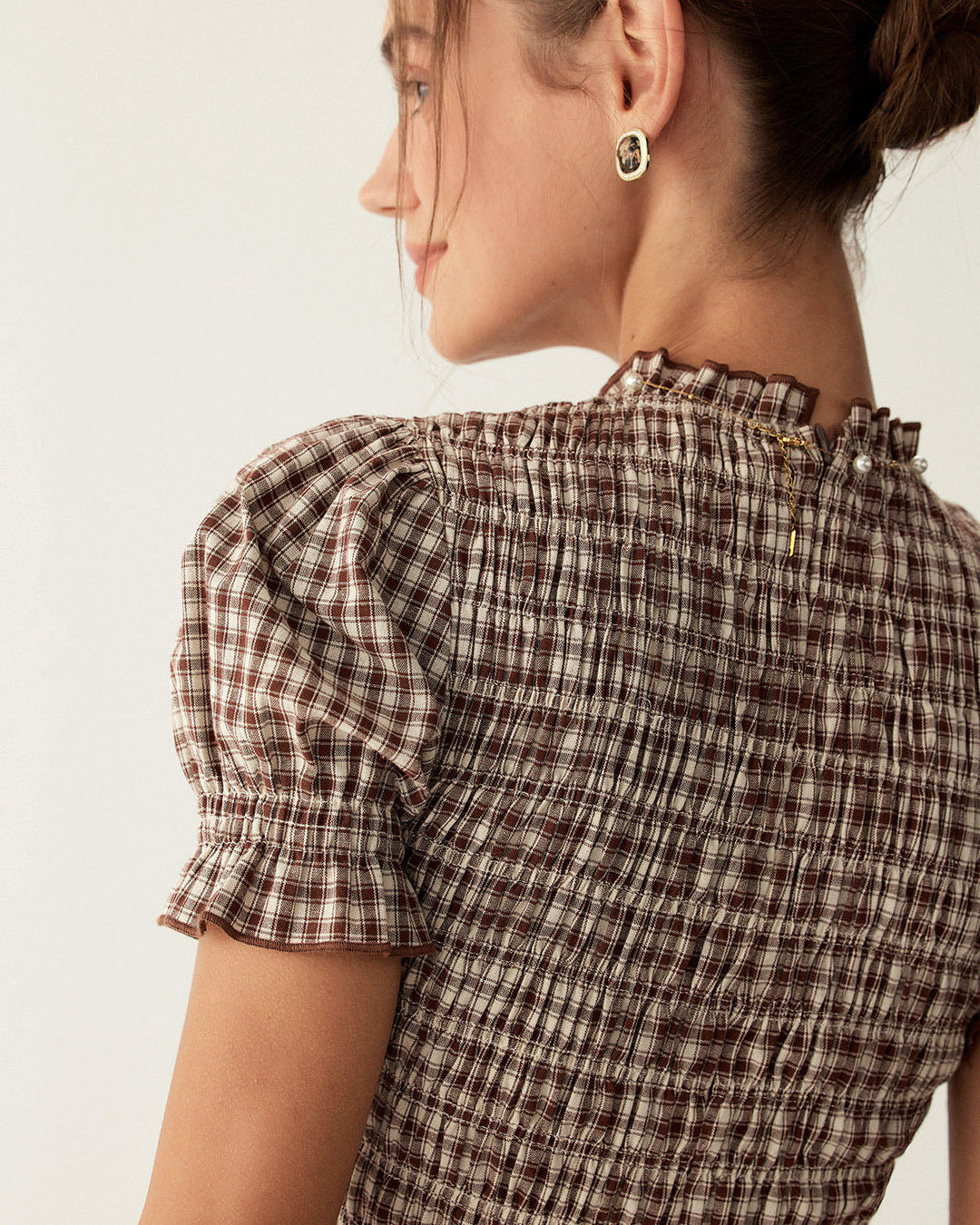 Yüksek Bel Kahverengi Gingham Puff Sleeve Mini Elbise