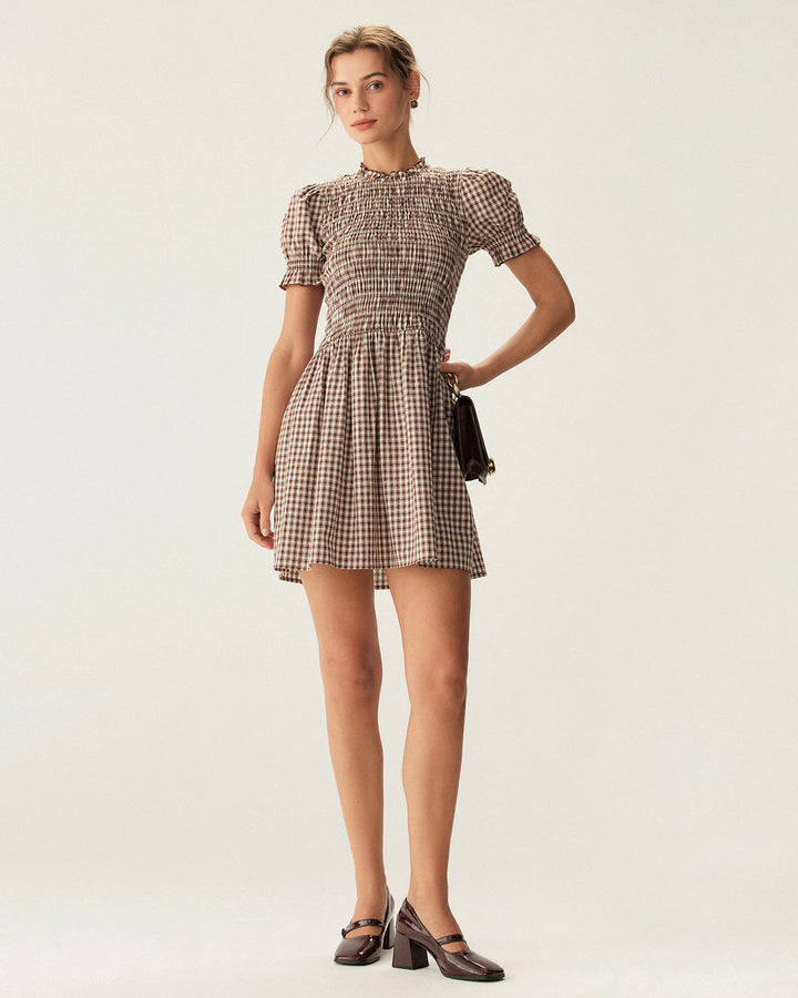 Yüksek Bel Kahverengi Gingham Puff Sleeve Mini Elbise