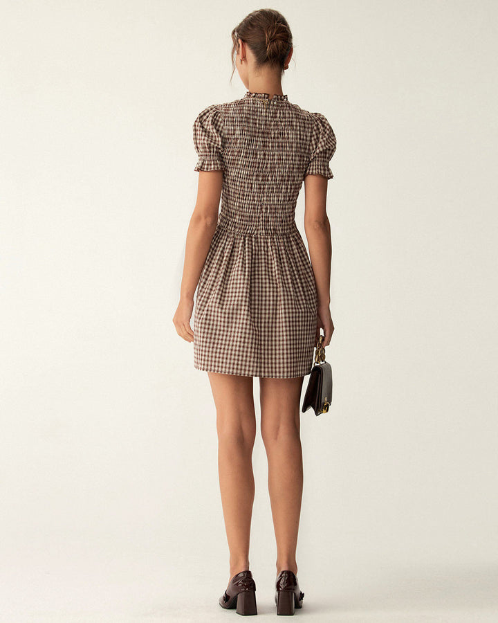Yüksek Bel Kahverengi Gingham Puff Sleeve Mini Elbise